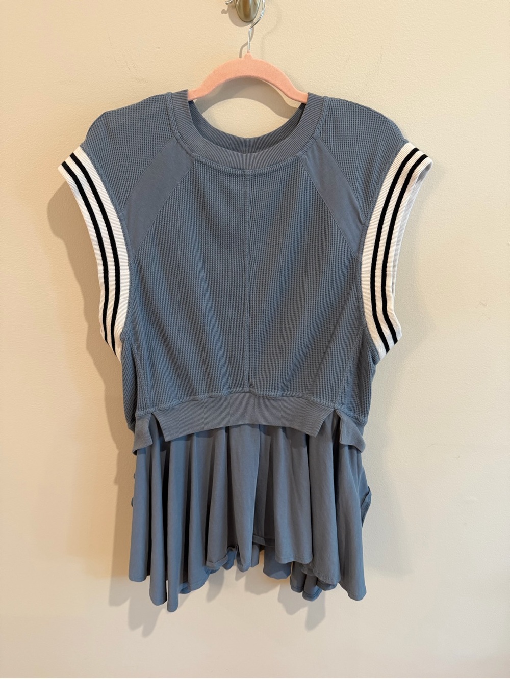 Blue Sleeveless Ruffled Tank with Athletic Stripe Detail